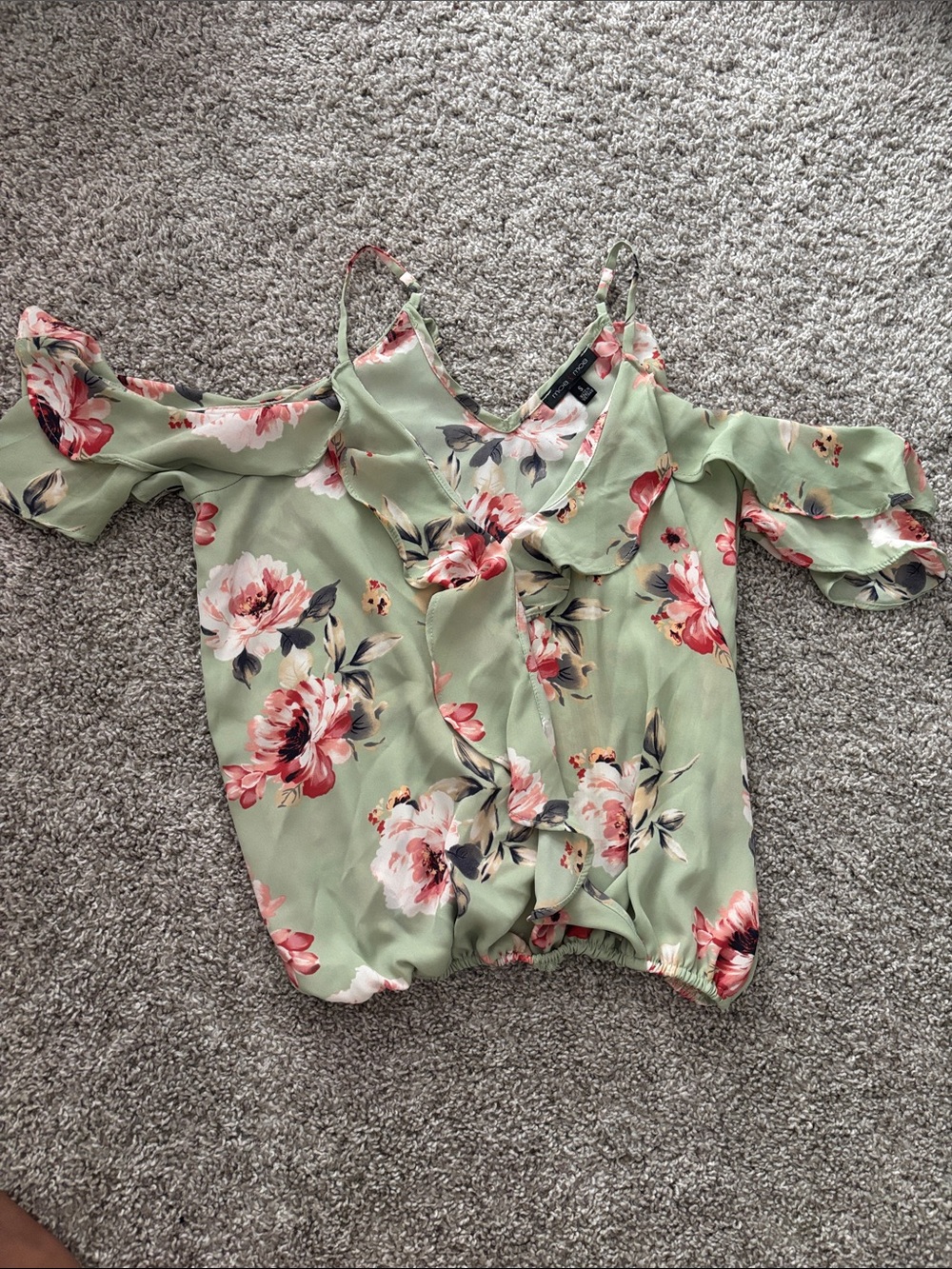 Moa Moa Sage Green Floral Cold-Shoulder Ruffle Blouse